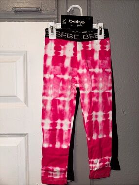 Bebe 2pack NWT girls leggings pink tie dye and black size S (4)